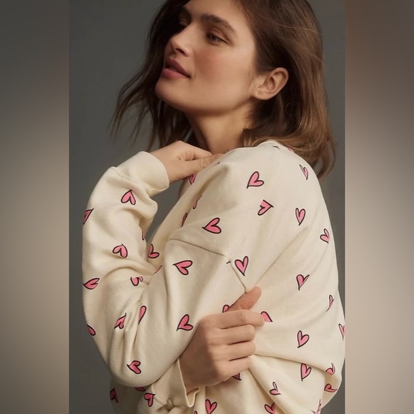 Kule Oversized All Over Heart Sweatshirt XL Cream Pink Organic Cotton - Picture 1 of 12